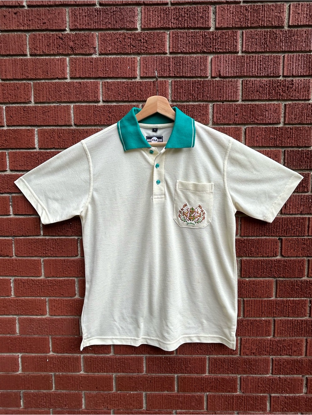 FILA Heritage Crest Polo Shirt Cream Green Embroidered Pocket Men’s L